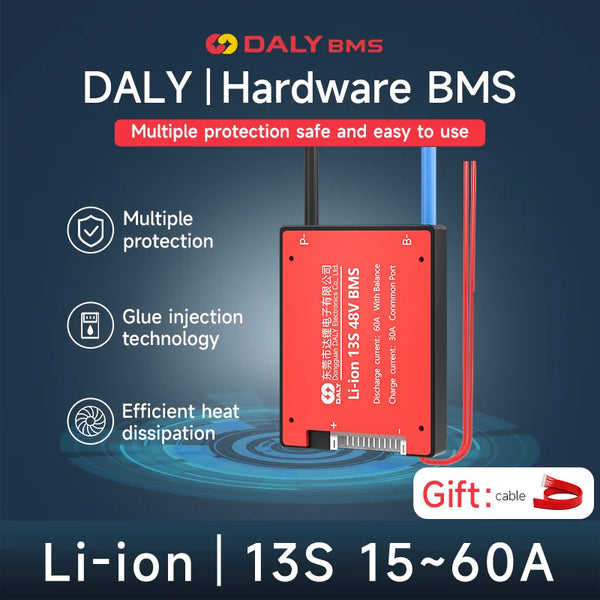 Daly BMS Li-ion 13S 48V 15A 20A 30A 40A 50A 60A BMS with Soft Switch with Common Port OR Seperate Port for 18650