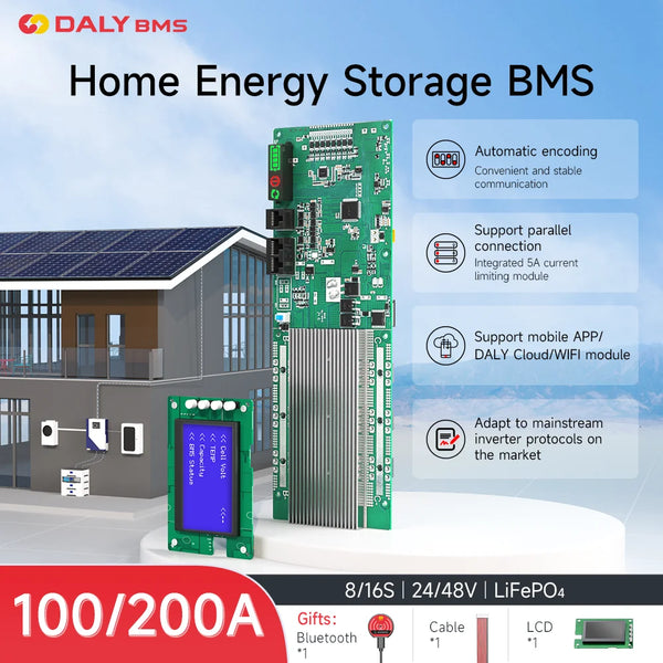 Daly Home Energy Storage Smart Lifepo4 Bms 8S 16S 24V 48V 100A 200A Voor Thuis Energieopslag